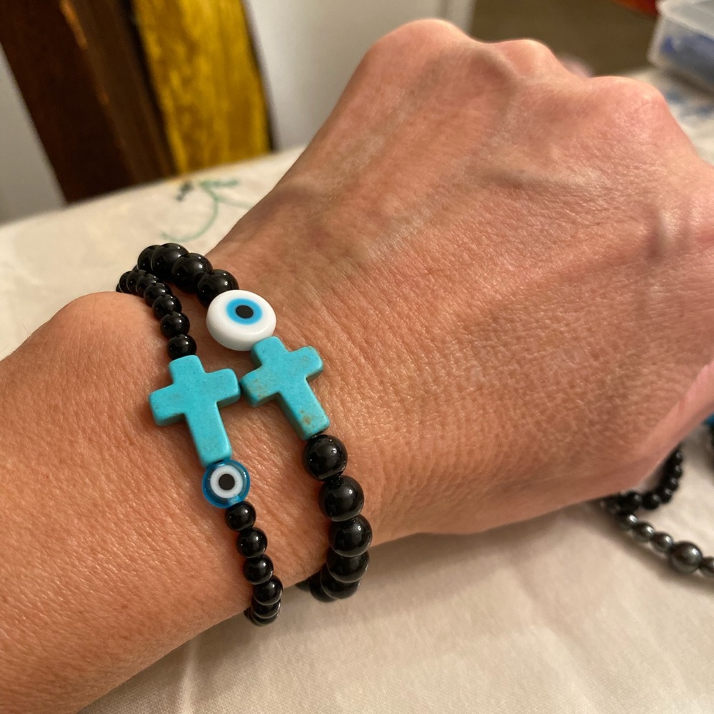 Genuine black onyx, turquoise, pearl /Evil Eye bracelet high quality - Picture 3 of 9